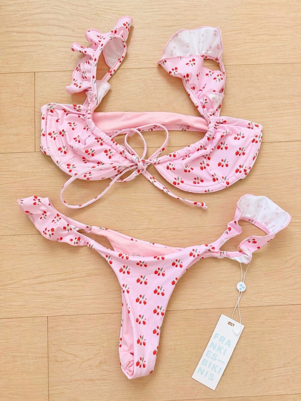 Frankie’s Cherry Print Ruffle Tie top and bottom Bikini Set NWT XS